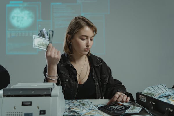 Business loan officer reviewing documents with dollar bills and a calculator prominently displayed